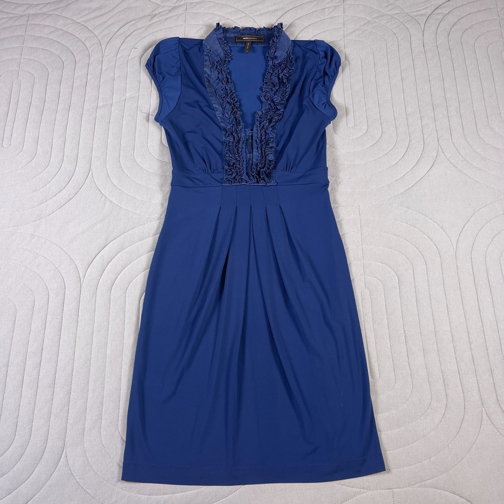 BCBG Maxazria Sheath Dress Size XS Blue Silk Knee Length Front Pleated Stretch